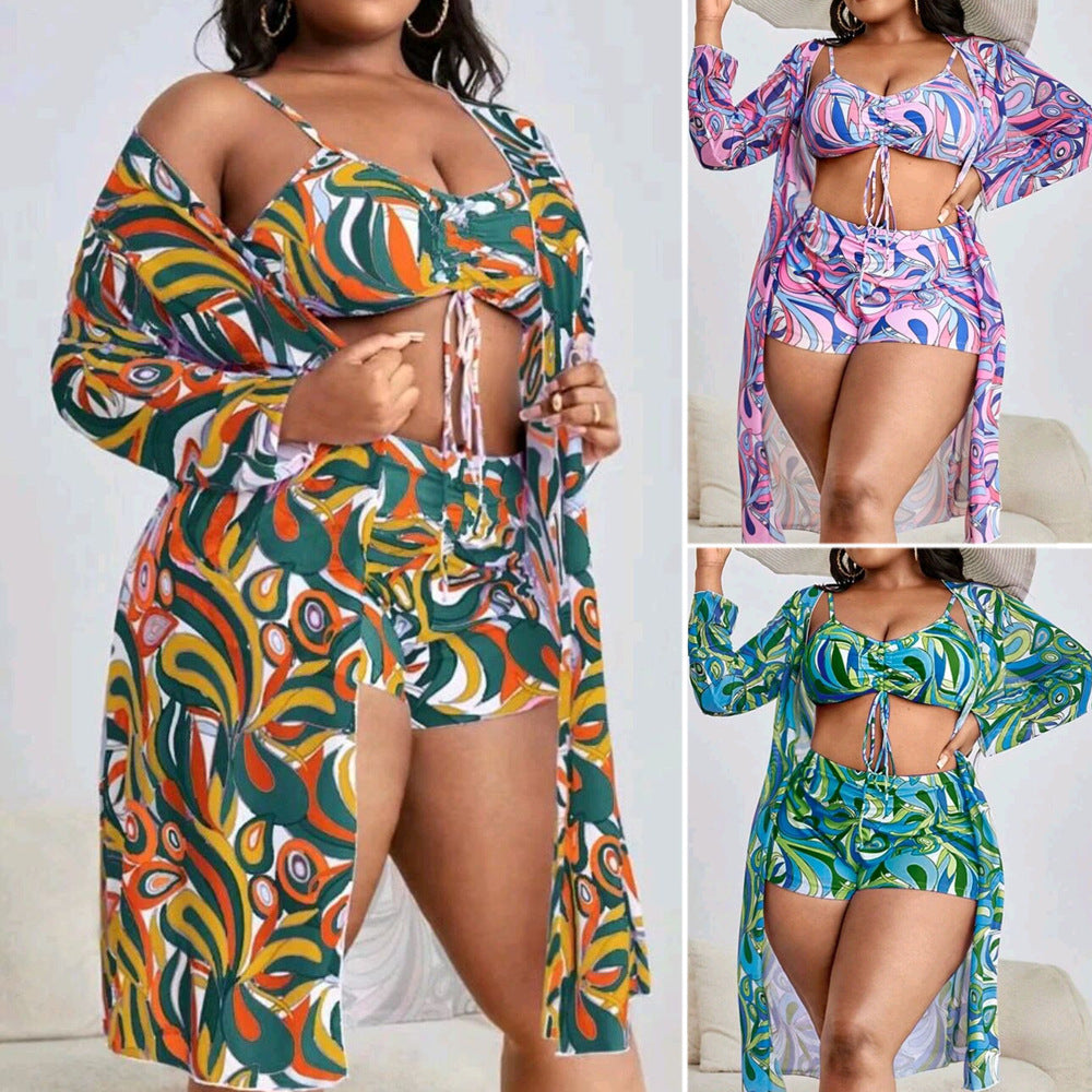 Women's floral three-piece swim set with tie-front top, shorts and cover-up