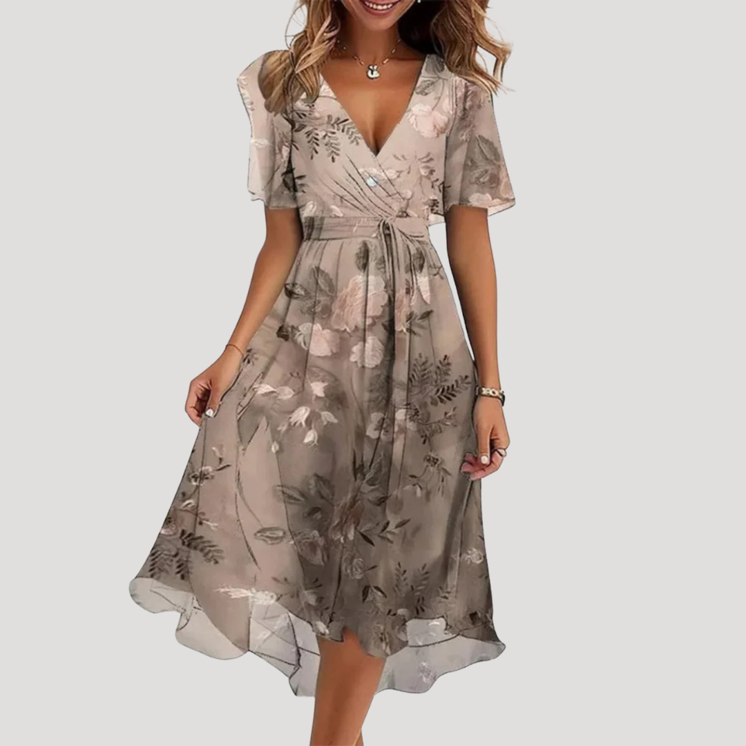 Women's floral tie waist wrap midi dress with V-neck and short sleeves