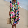Women's floral V-neck cotton-linen blend summer dress