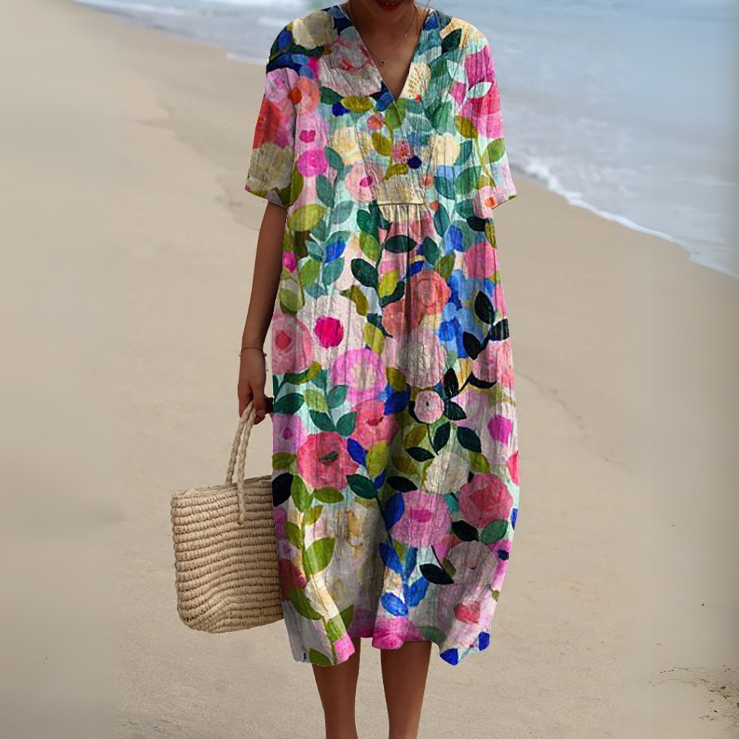 Women's floral V-neck cotton-linen blend summer dress
