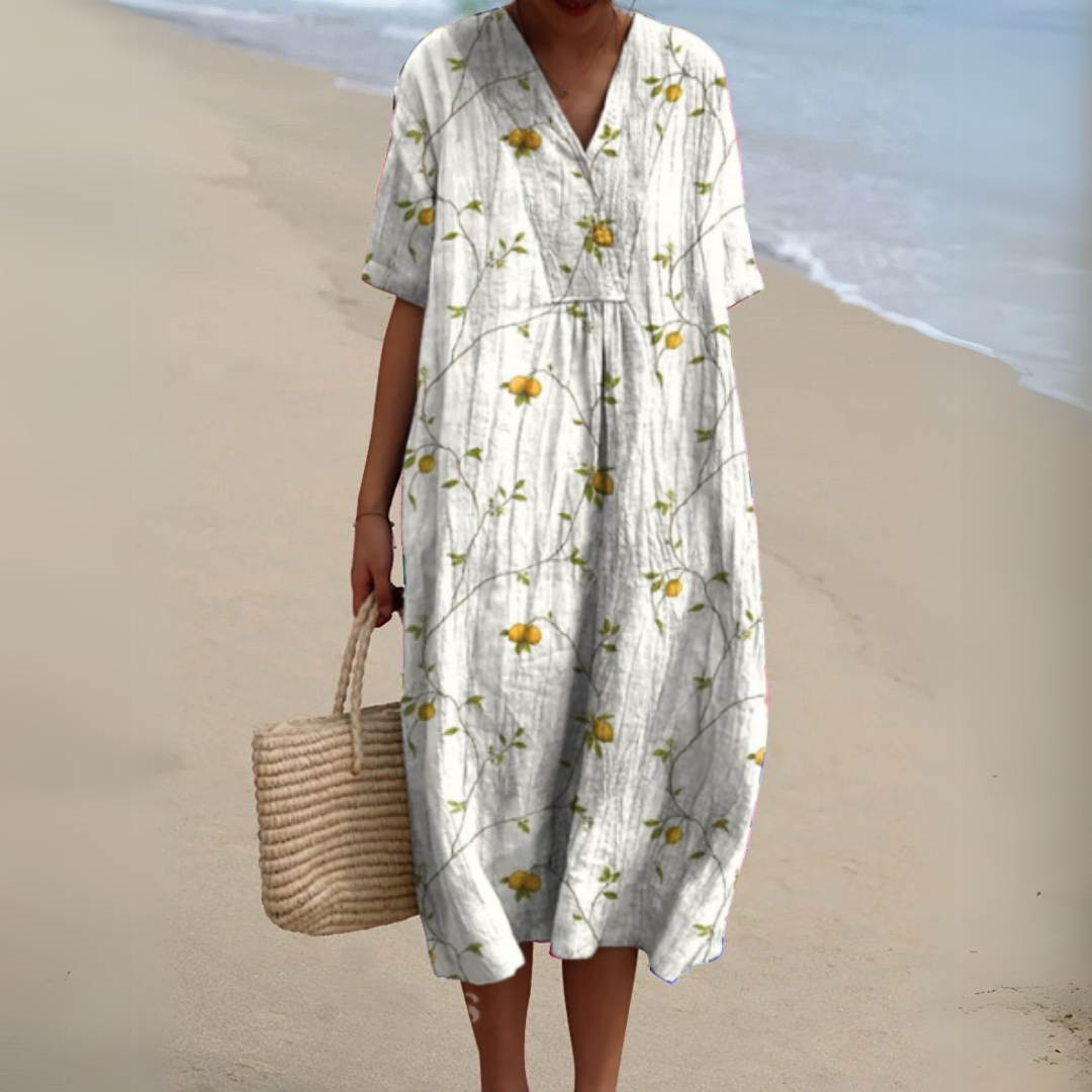 Women's Floral V-Neck Cotton-Linen Blend Summer Dress