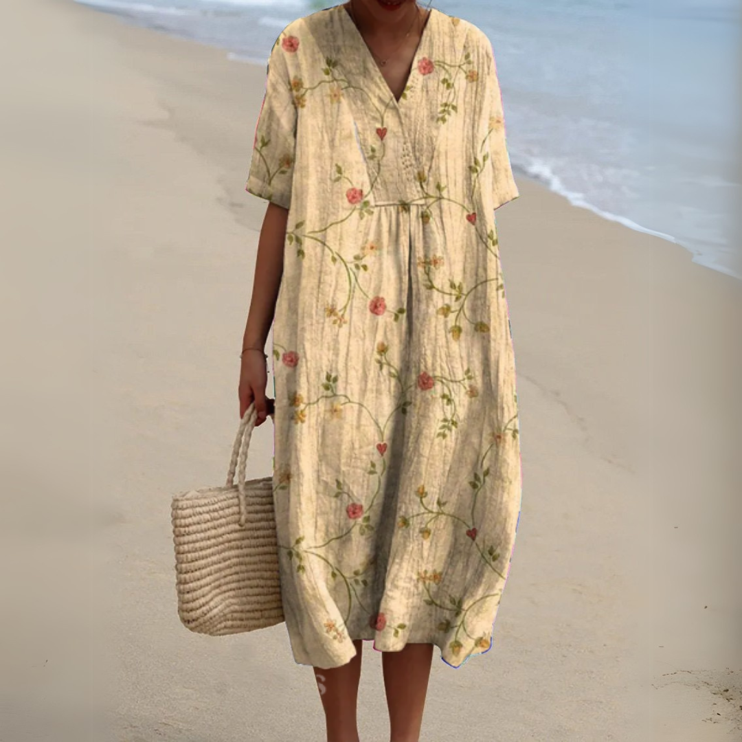 Women's Floral V-Neck Cotton-Linen Blend Summer Dress