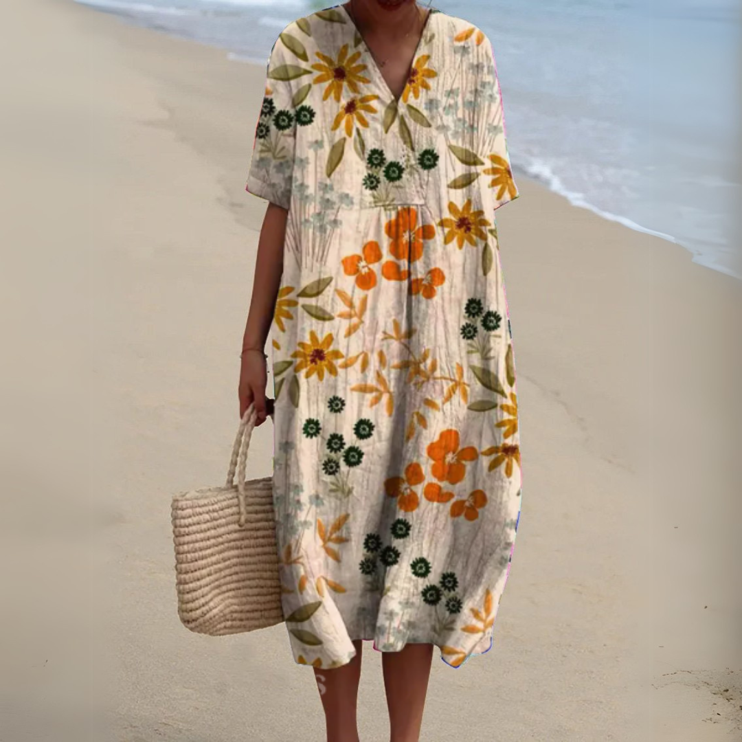 Women's Floral V-Neck Cotton-Linen Blend Summer Dress