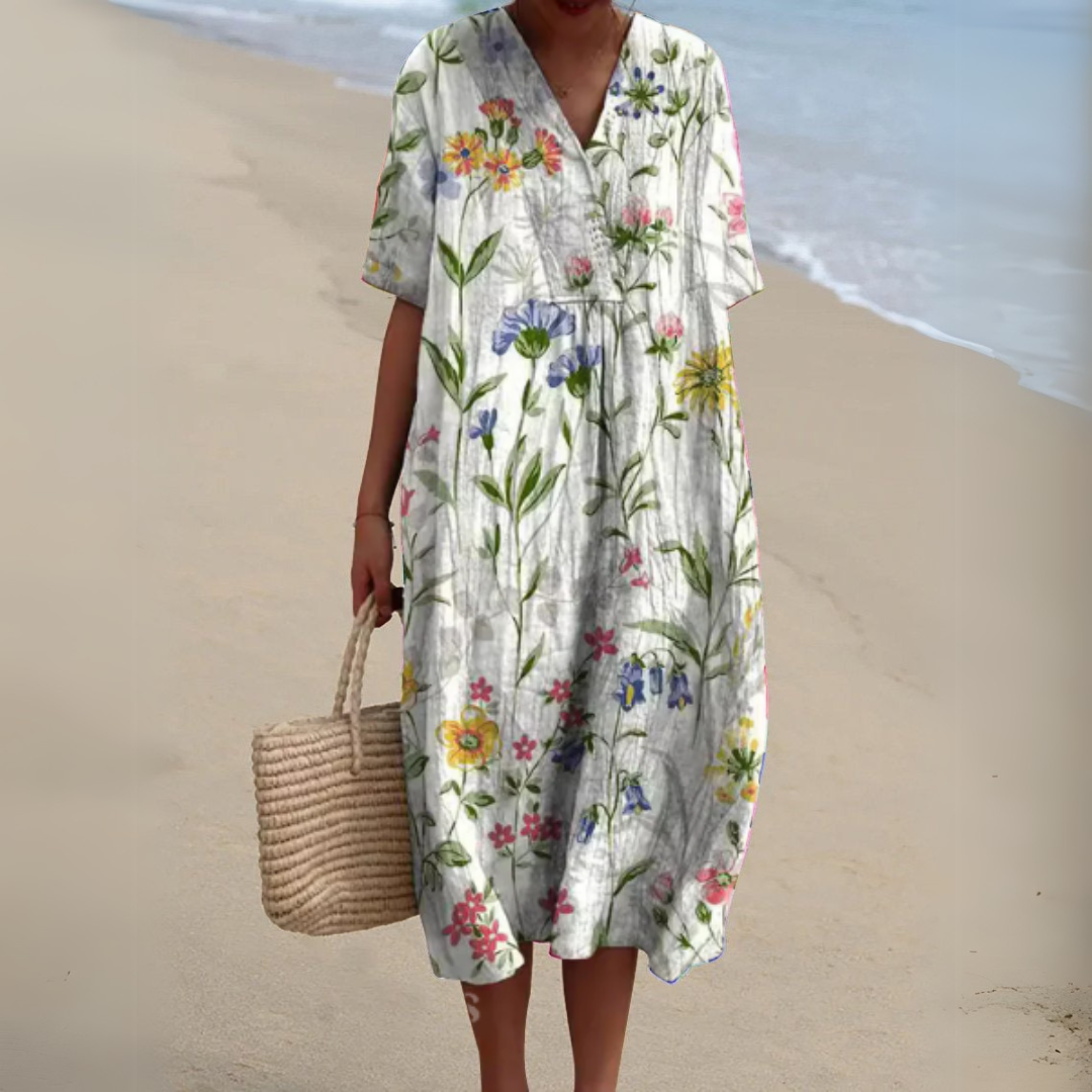 Women's Floral V-Neck Cotton-Linen Blend Summer Dress