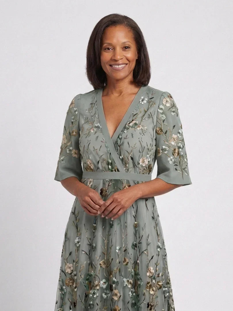 Women's green floral wrap maxi dress – alternate view