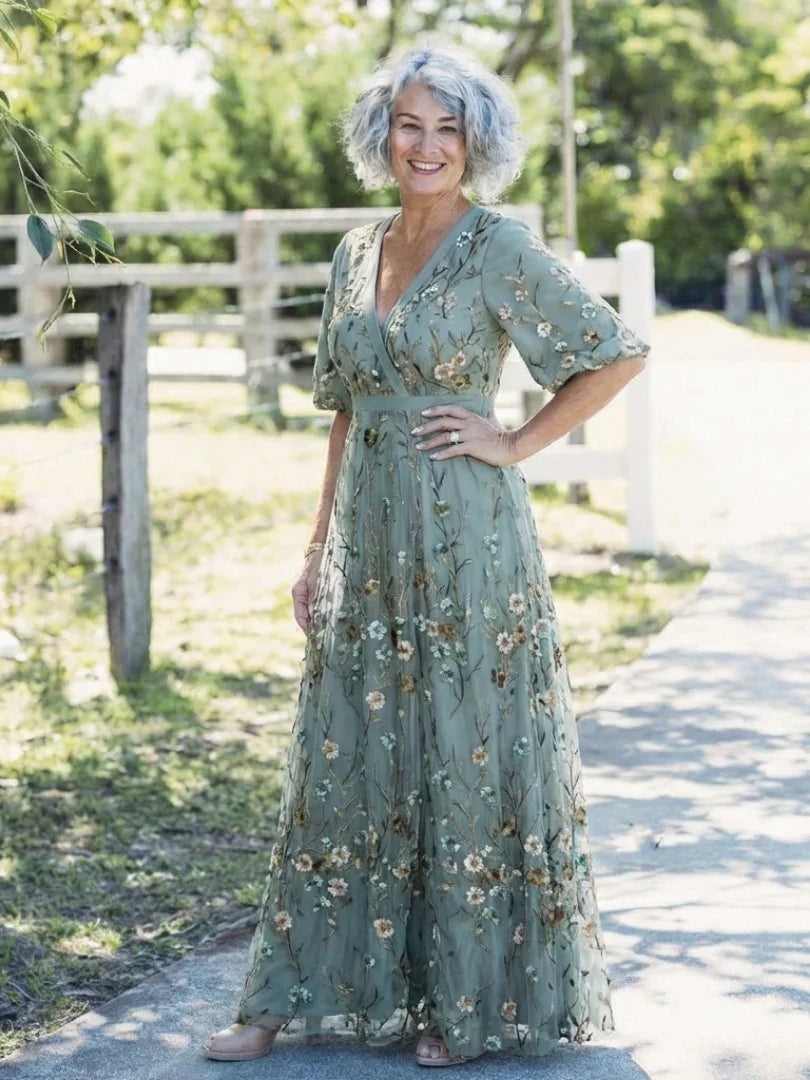 Women's green floral wrap maxi dress – detail view