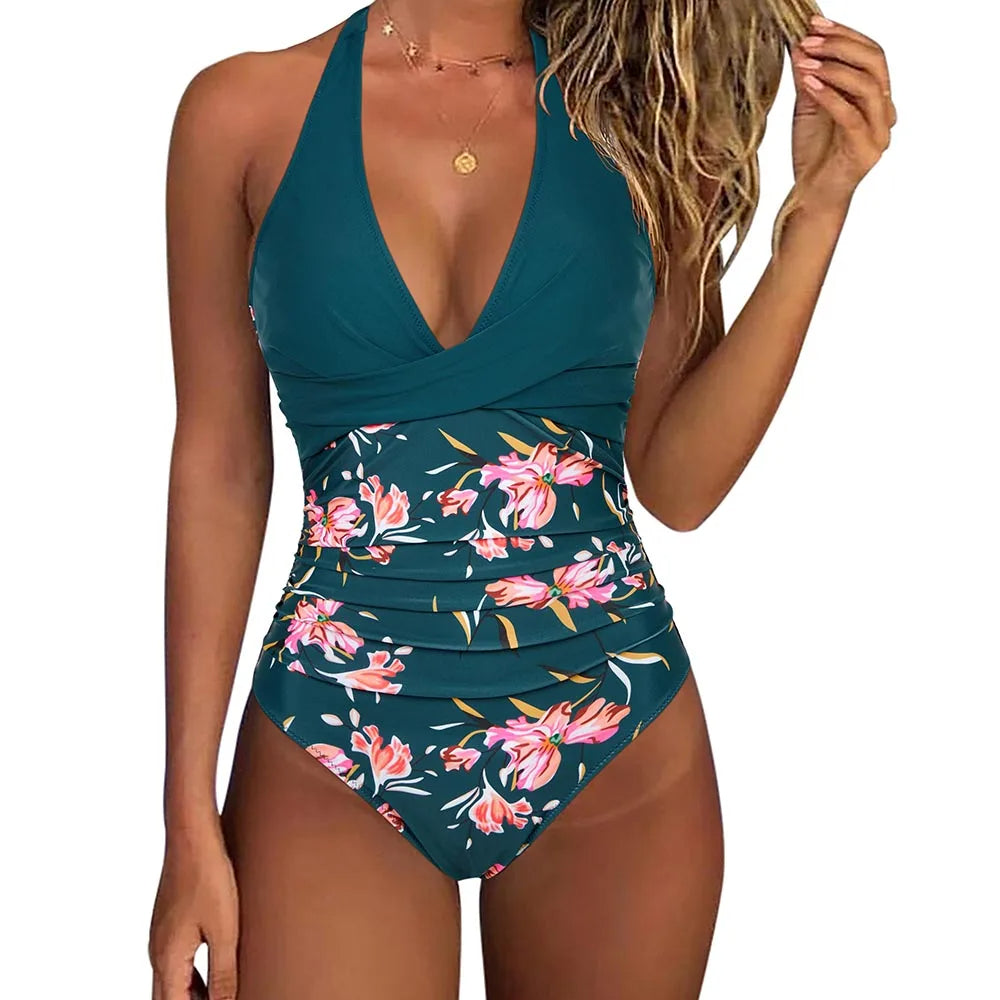 Women's halter neck ruffle swimsuit – back view