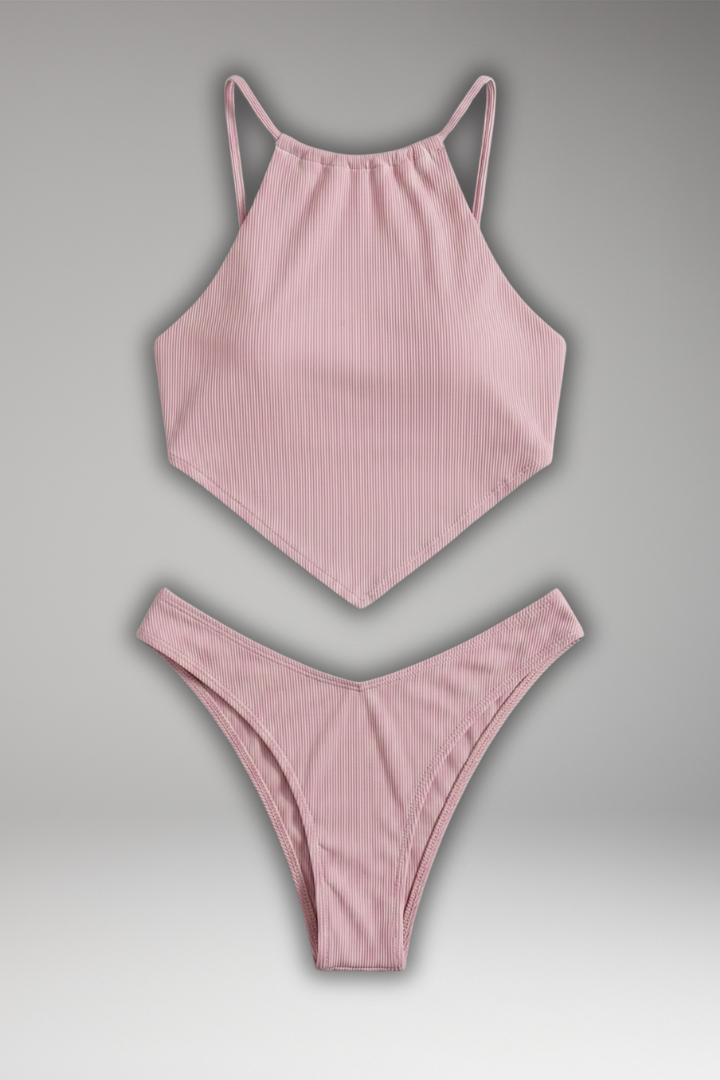 Women's high neck halter bikini with open back and high-cut bottoms