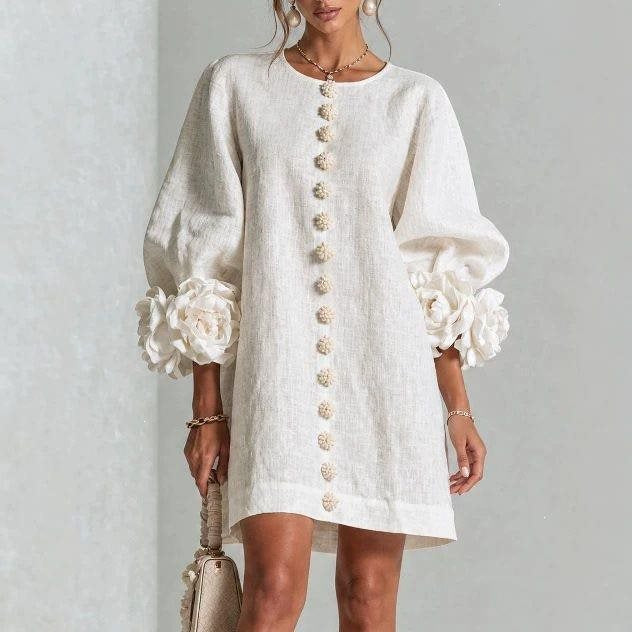 Women's linen-look A-line mini dress with 3D flower balloon sleeves