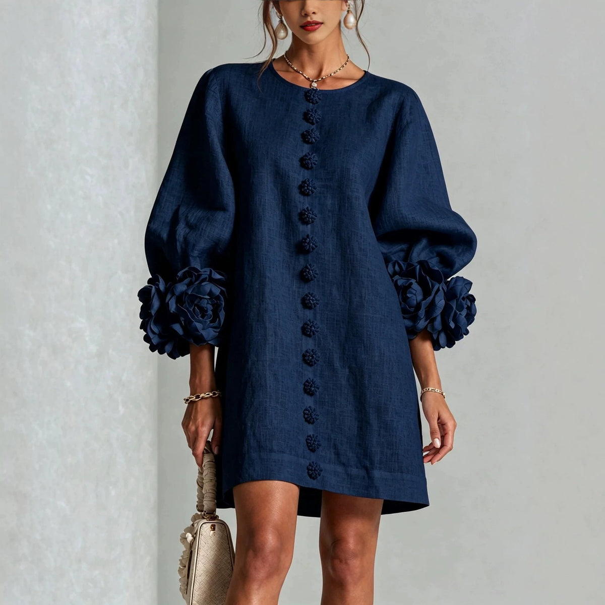 Linen-look balloon sleeve mini dress – colour option