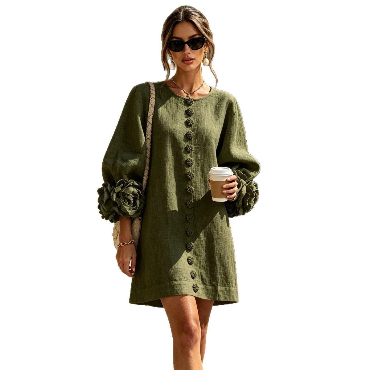 Women's Linen-Look 3D Flower Balloon Sleeve Mini Dress