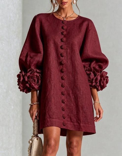 Women's Linen-Look 3D Flower Balloon Sleeve Mini Dress