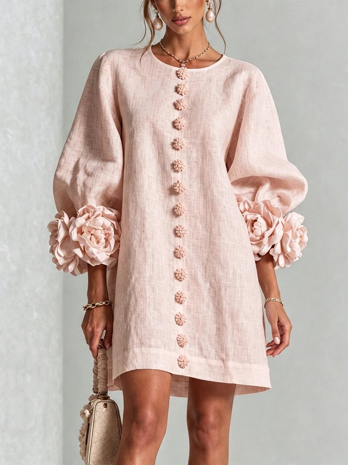 Women's Linen-Look 3D Flower Balloon Sleeve Mini Dress