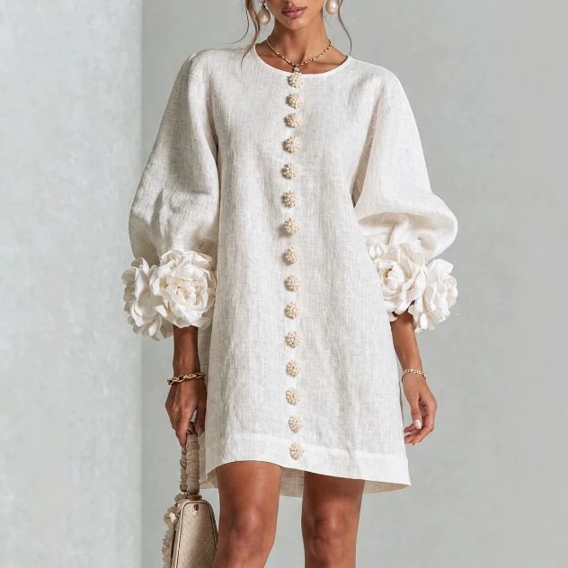 Women's Linen-Look 3D Flower Balloon Sleeve Mini Dress