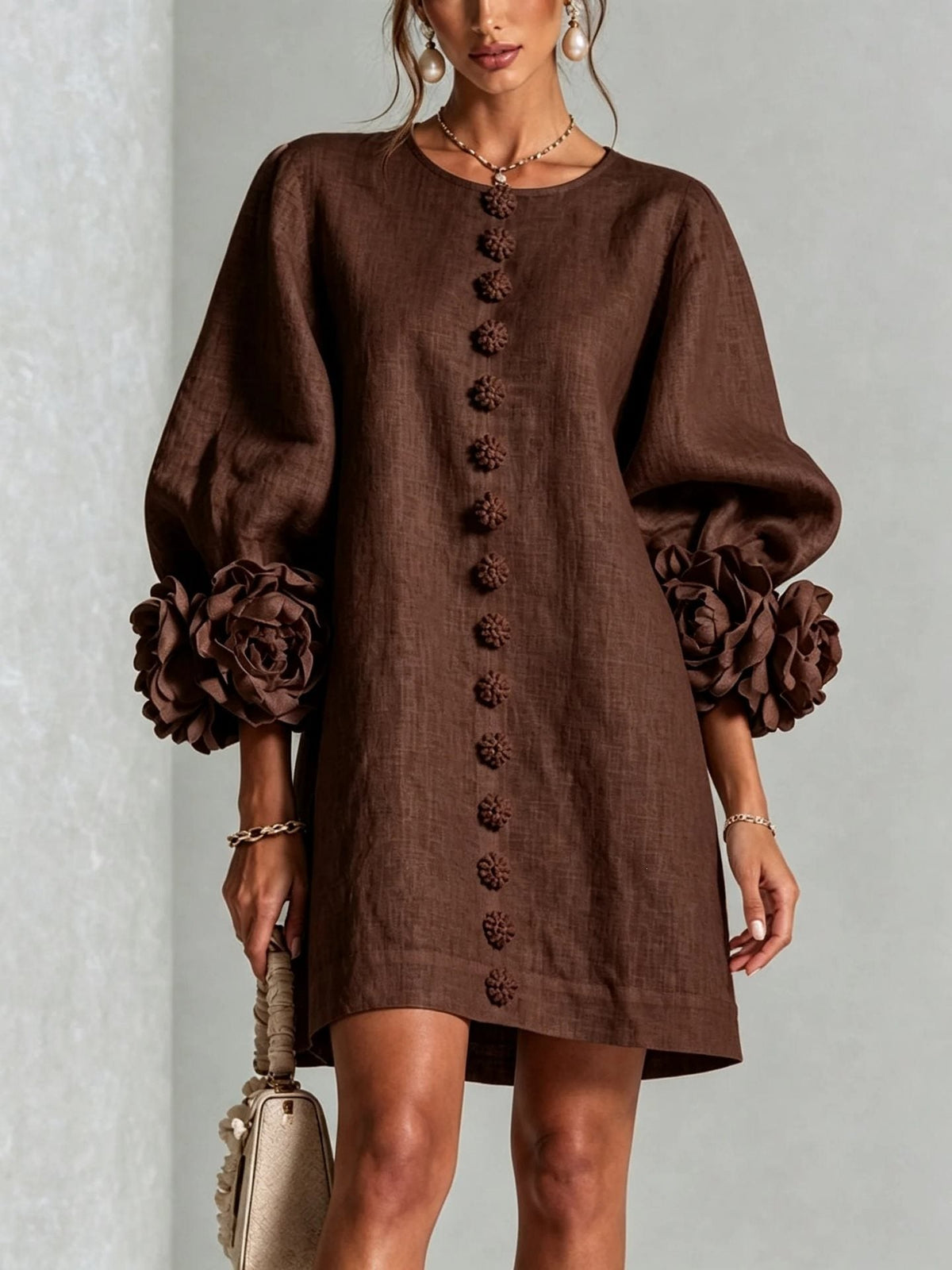 Women's Linen-Look 3D Flower Balloon Sleeve Mini Dress
