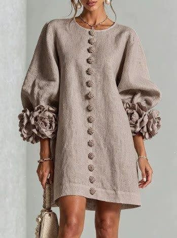Women's Linen-Look 3D Flower Balloon Sleeve Mini Dress
