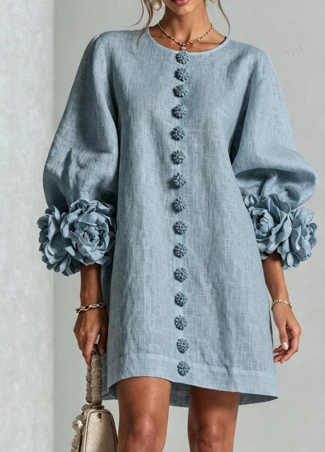 Women's Linen-Look 3D Flower Balloon Sleeve Mini Dress
