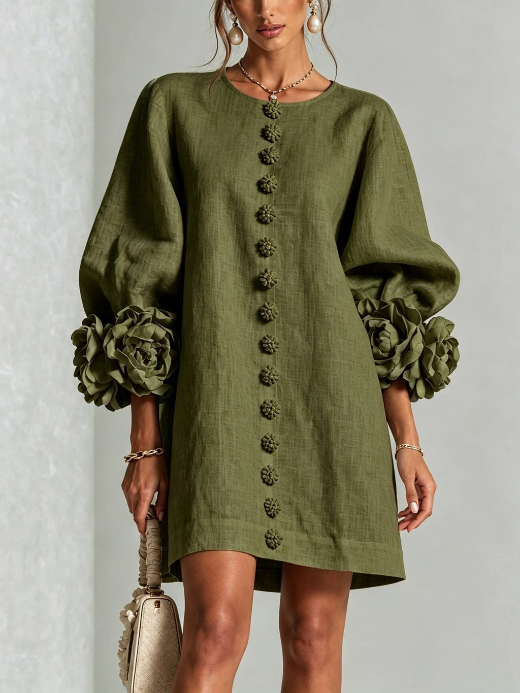 Women's Linen-Look 3D Flower Balloon Sleeve Mini Dress