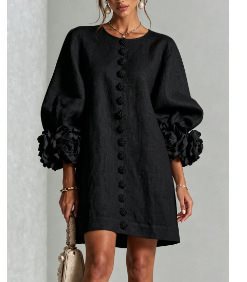 Women's Linen-Look 3D Flower Balloon Sleeve Mini Dress