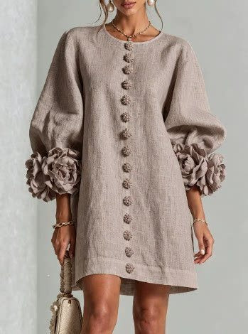Women's Linen-Look 3D Flower Balloon Sleeve Mini Dress