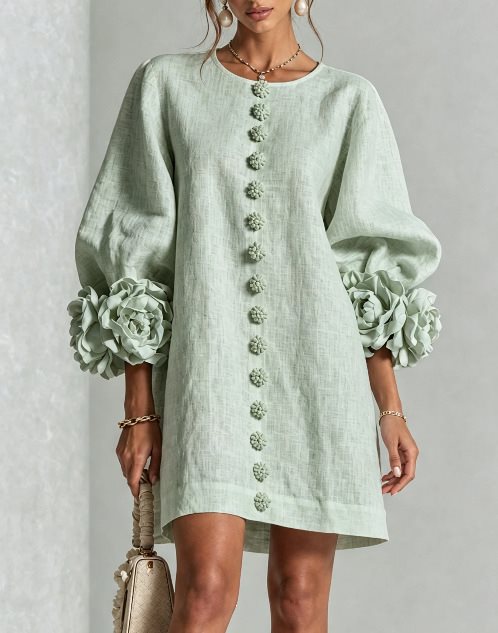 Women's Linen-Look 3D Flower Balloon Sleeve Mini Dress