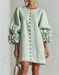 Women's Linen-Look 3D Flower Balloon Sleeve Mini Dress
