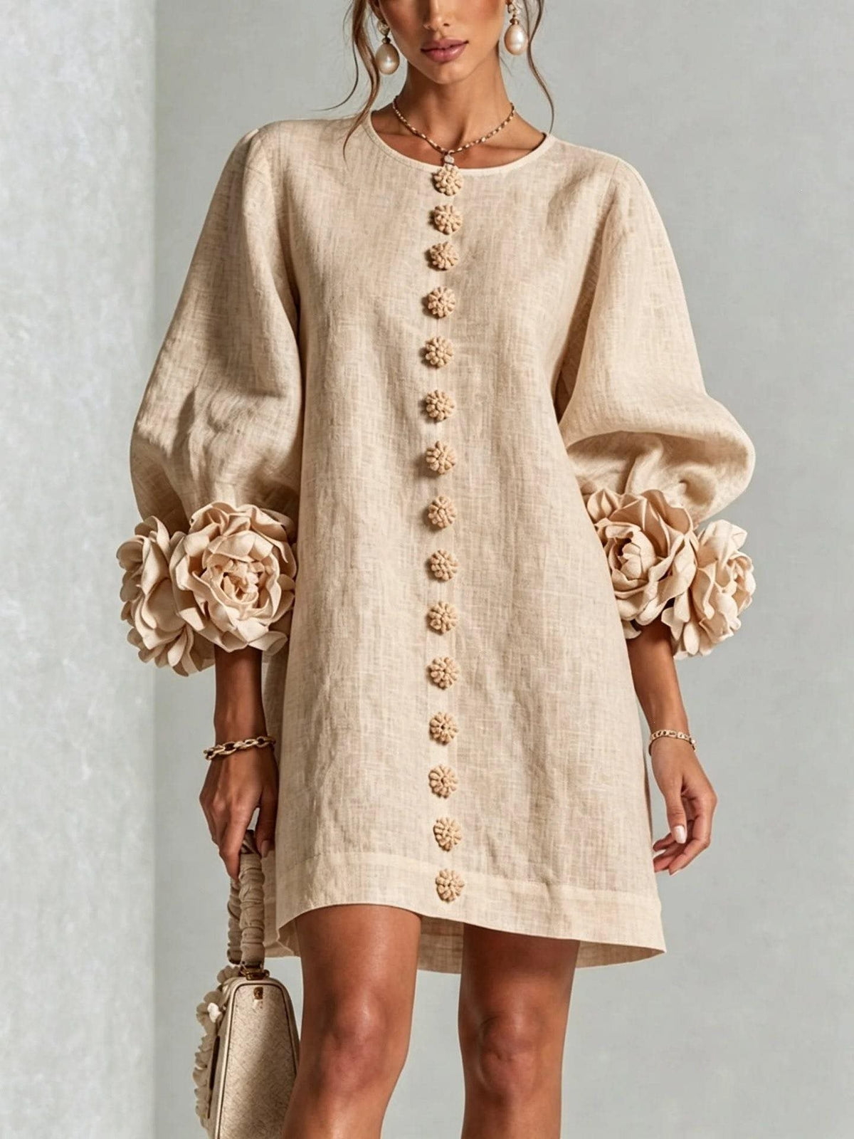 Women's Linen-Look 3D Flower Balloon Sleeve Mini Dress