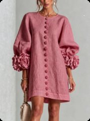 Women's Linen-Look 3D Flower Balloon Sleeve Mini Dress