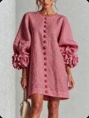 Women's Linen-Look 3D Flower Balloon Sleeve Mini Dress