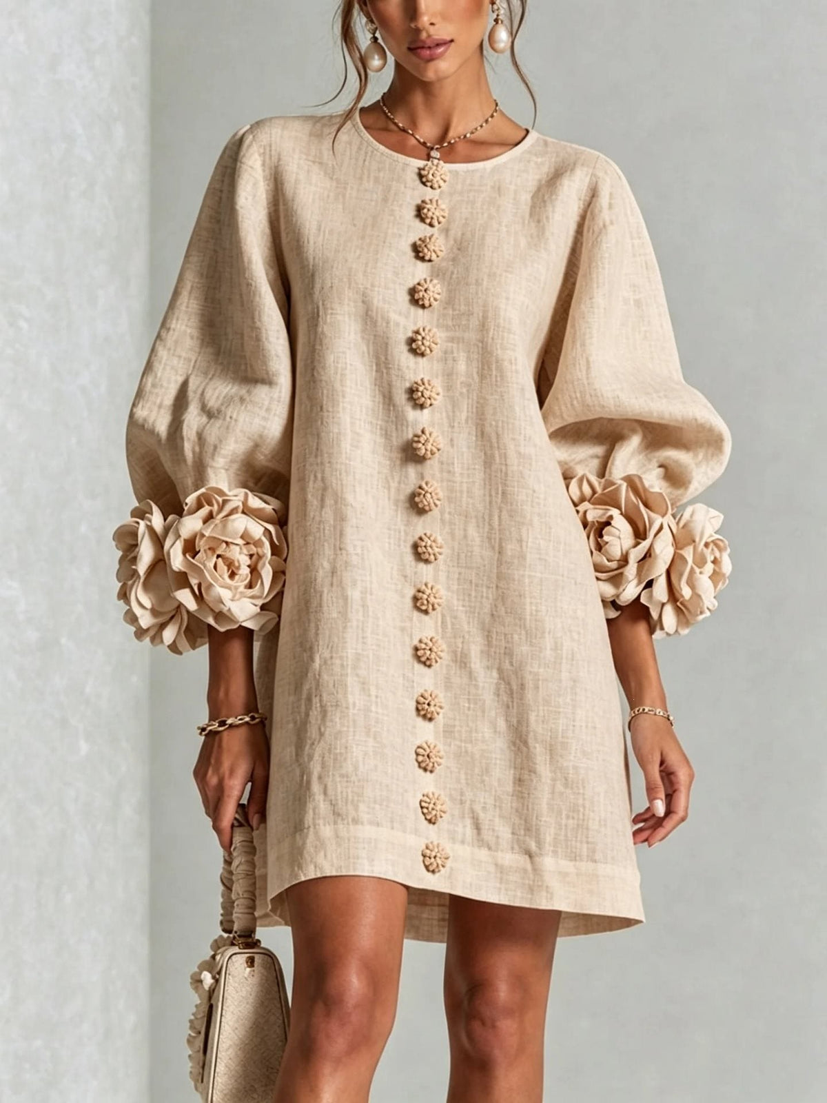 Women's Linen-Look 3D Flower Balloon Sleeve Mini Dress