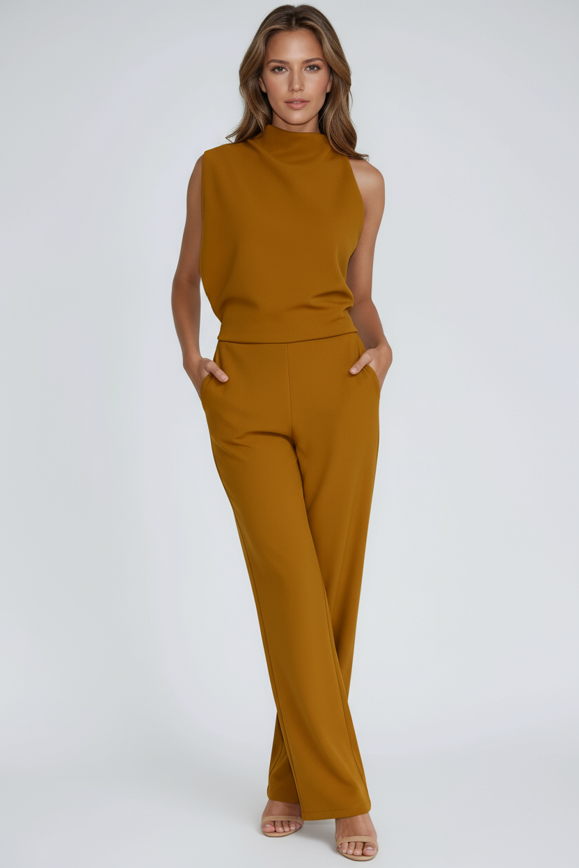 Women's Linen-Look Asymmetric One-Shoulder Wide Leg Jumpsuit