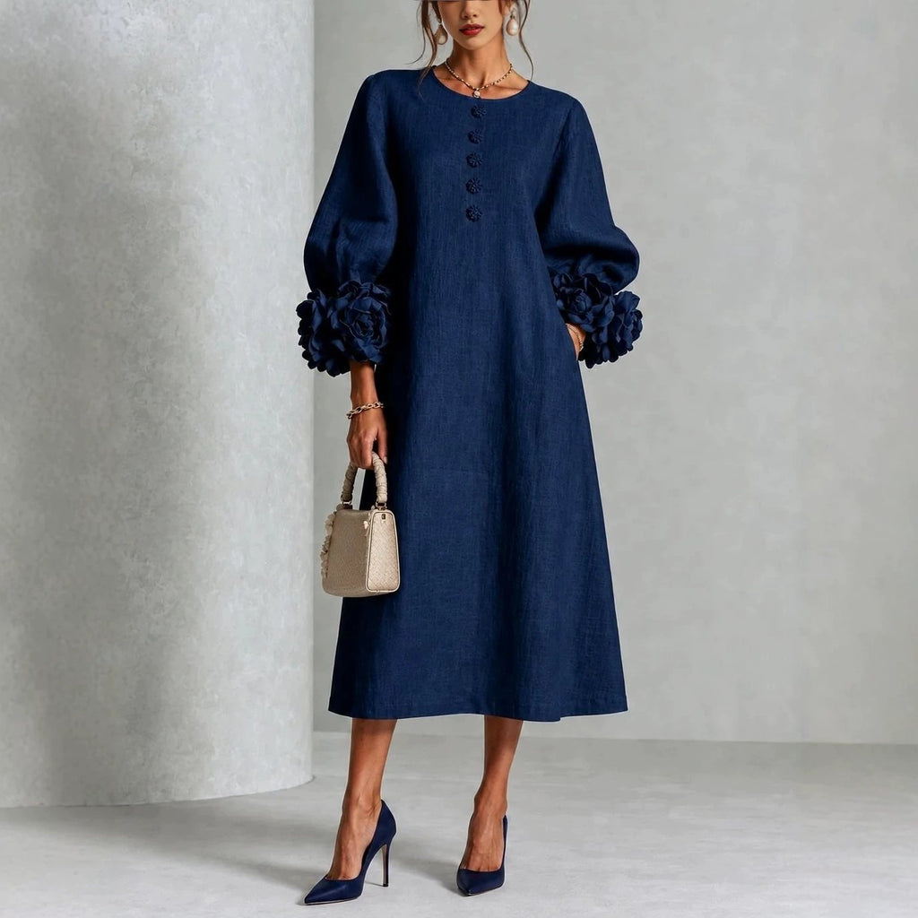 Women's linen-look A-line midi dress with balloon sleeves and 3D flower cuffs