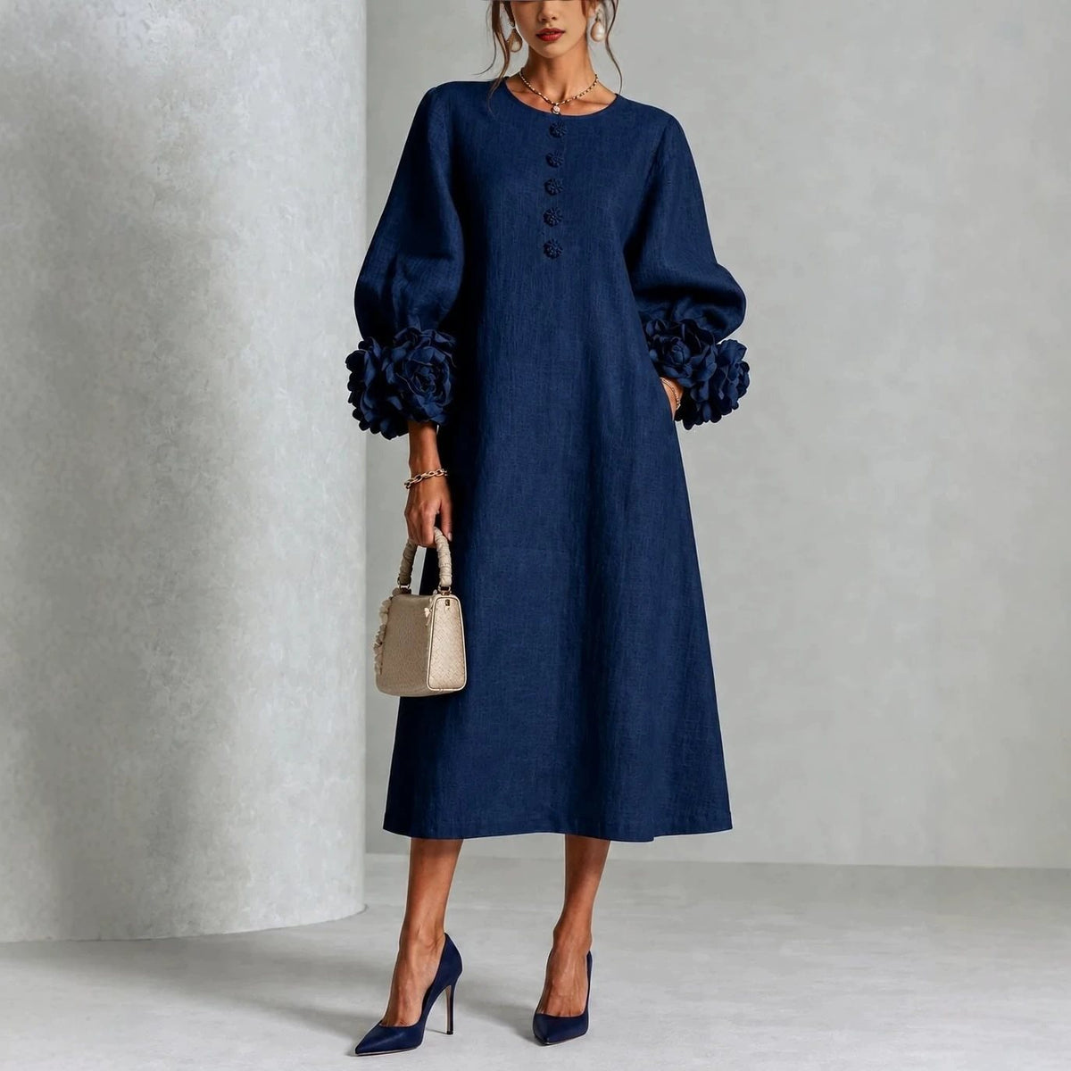 Women's linen-look A-line midi dress with balloon sleeves and 3D flower cuffs
