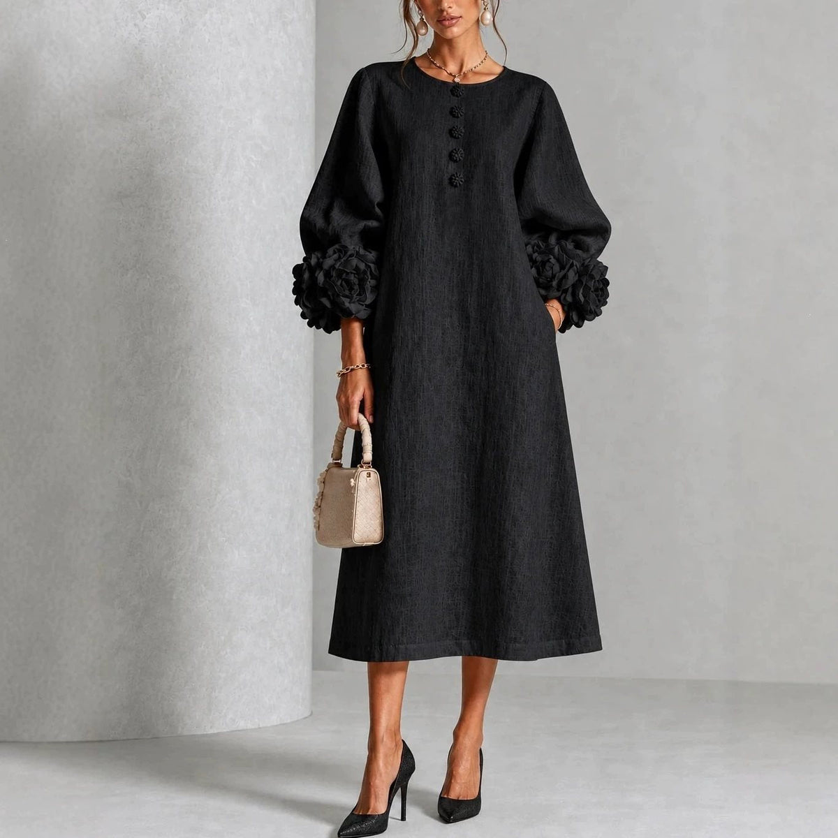 Linen-look balloon sleeve midi dress – alternate view