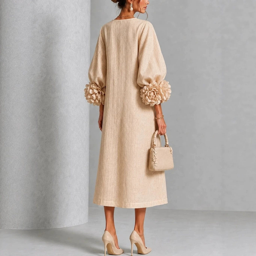 Linen-look balloon sleeve midi dress – colour option