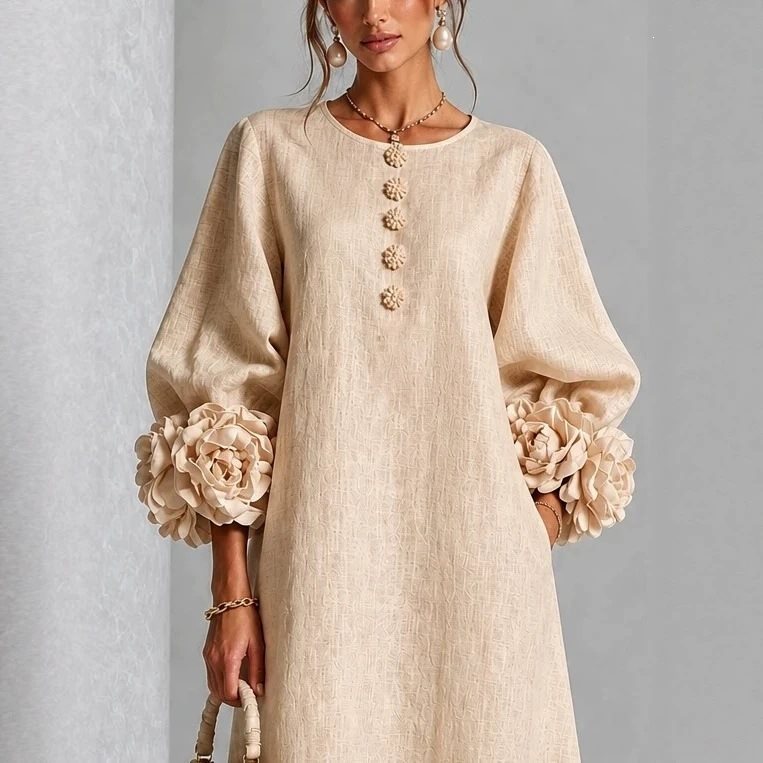 Linen-look balloon sleeve midi dress – colour option