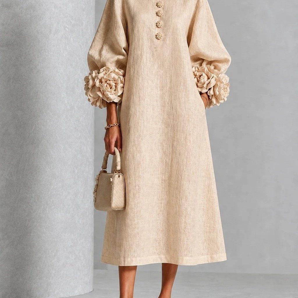 Linen-look balloon sleeve midi dress – colour option