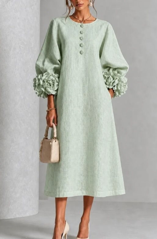 Linen-look balloon sleeve midi dress – colour option
