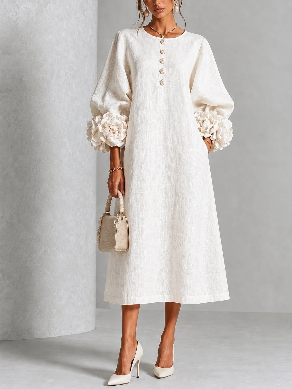 Linen-look balloon sleeve midi dress – sleeve detail