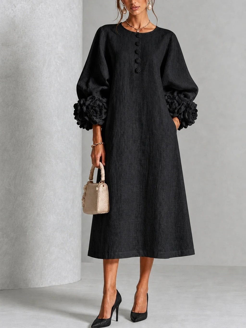 Linen-look balloon sleeve midi dress – detail view