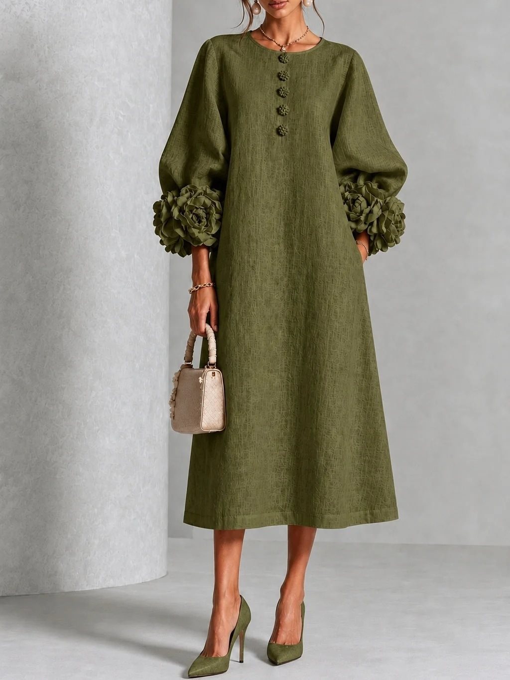 Women's Linen-Look Balloon Sleeve Midi Dress with Flower Cuffs