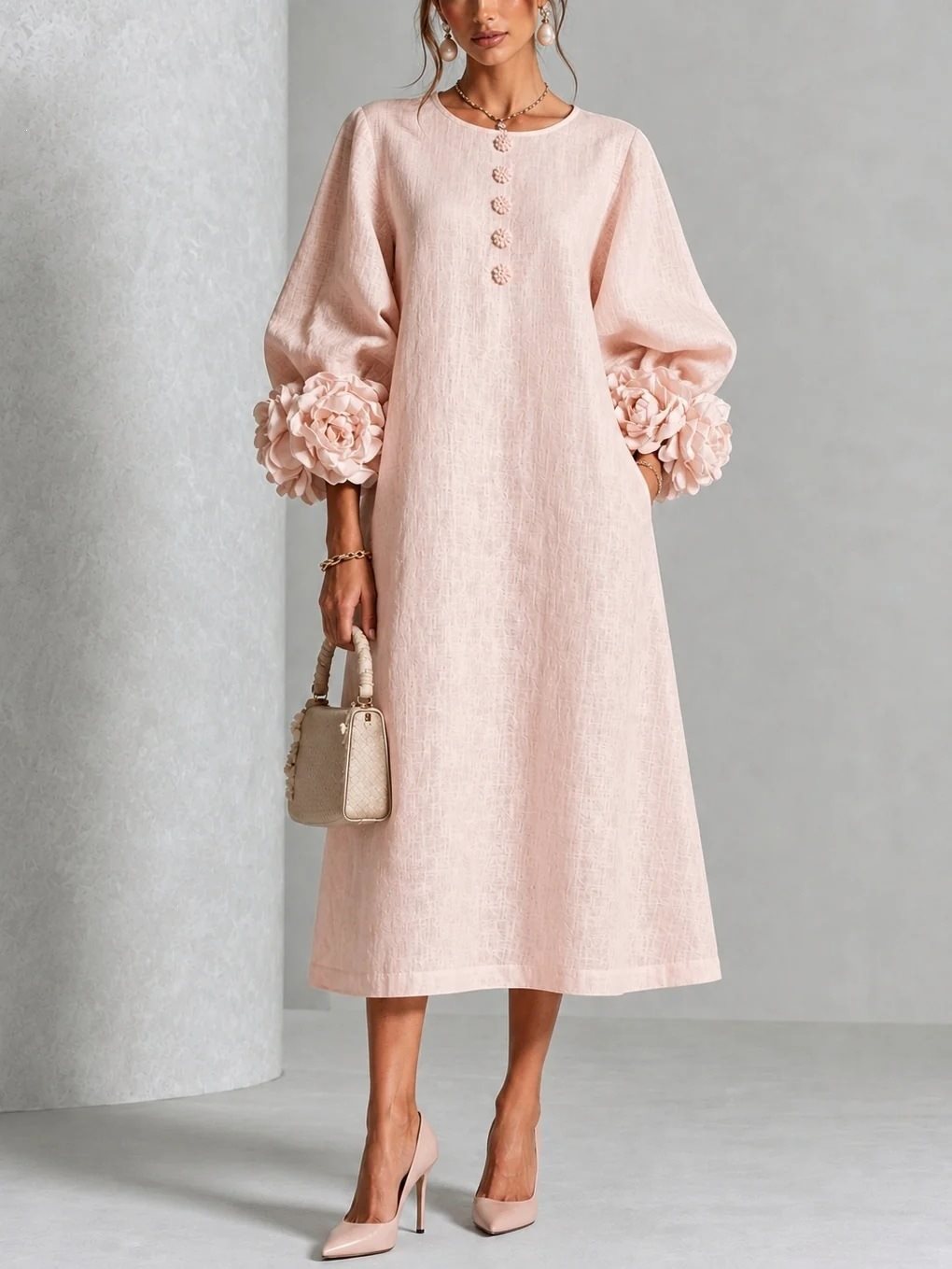 Women's Linen-Look Balloon Sleeve Midi Dress with Flower Cuffs