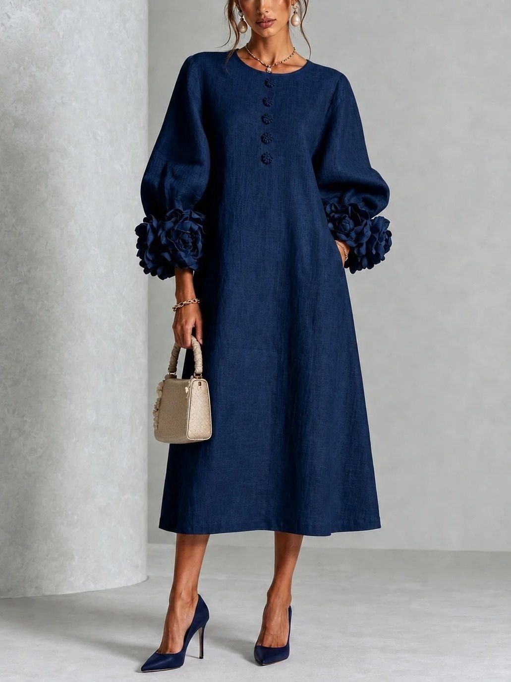 Women's Linen-Look Balloon Sleeve Midi Dress with Flower Cuffs