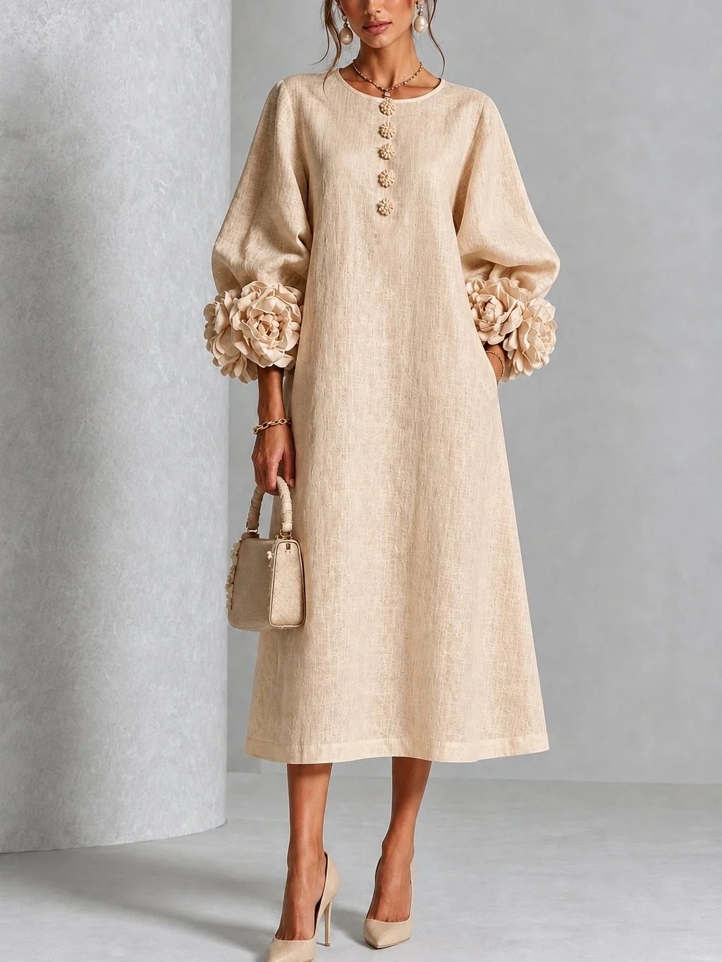 Women's Linen-Look Balloon Sleeve Midi Dress with Flower Cuffs