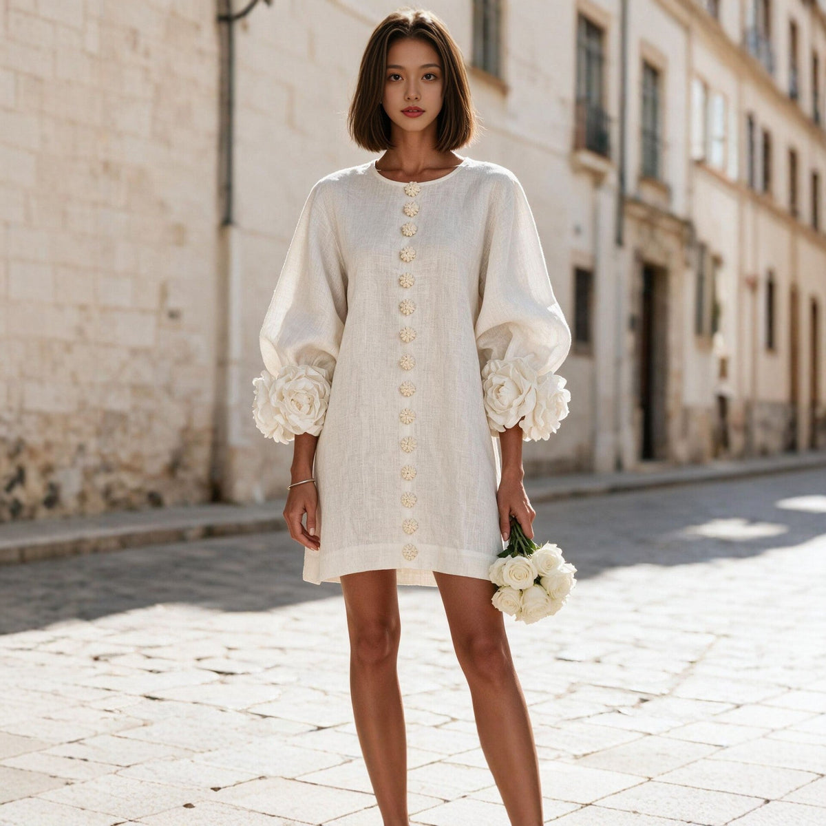 Women's linen-look mini dress with balloon sleeves and 3D floral cuffs