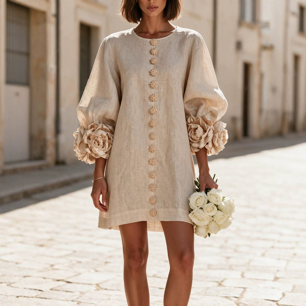 Linen-look balloon sleeve mini dress – colour option