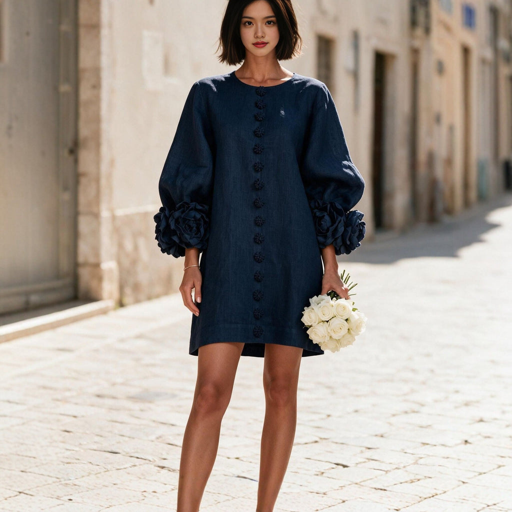 Linen-look balloon sleeve mini dress – colour option