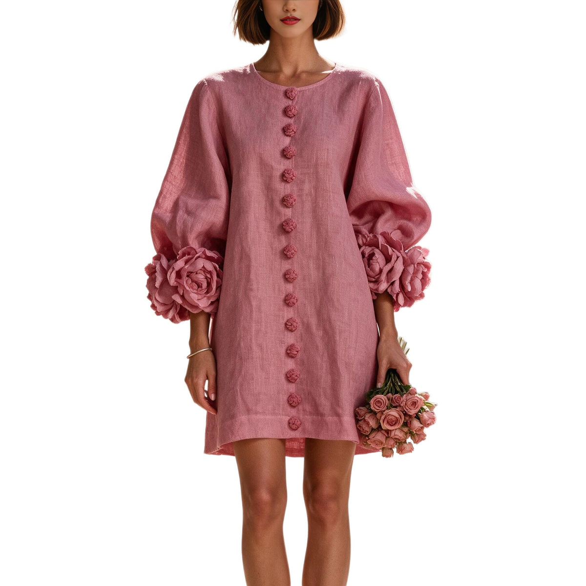 Linen-look balloon sleeve mini dress – colour option