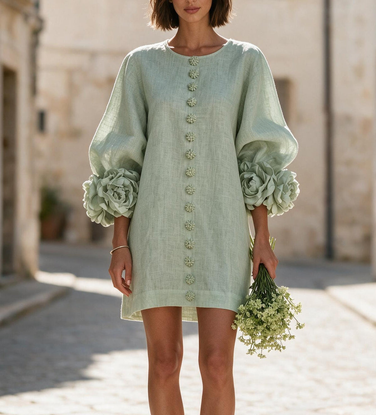 Linen-look balloon sleeve mini dress – colour option