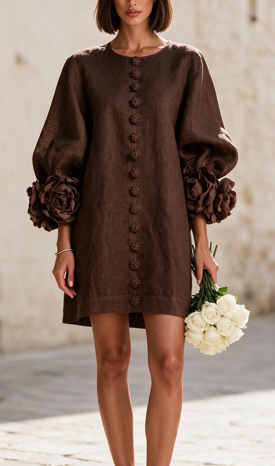 Linen-look balloon sleeve mini dress – alternate view